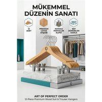 12'li Ahşap Takım Elbise Askısı Seti | Kıskaçlı Pantolon Askısı Kaymaz Çentikli Ceket Askılığı  723123