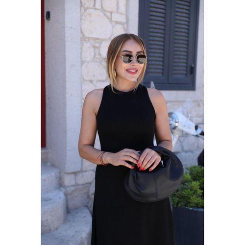 Kadın Omuzlardan Açık Arkadan Toka Detaylı Yırtmaçlı Uzun Viskon Elbise