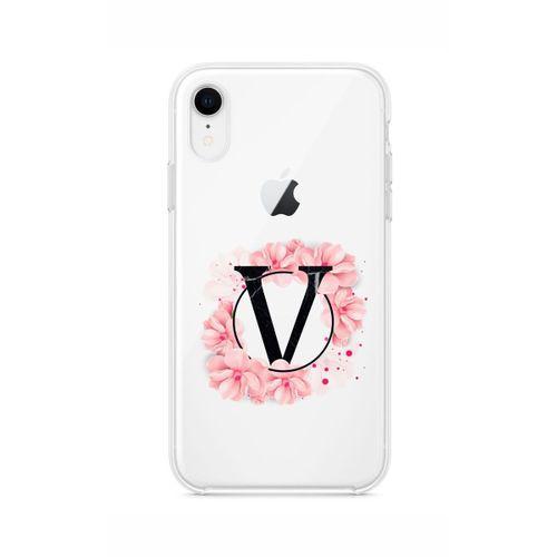 iPhone XR Pembe Çiçek Desen V Harfli Şeffaf Kılıf