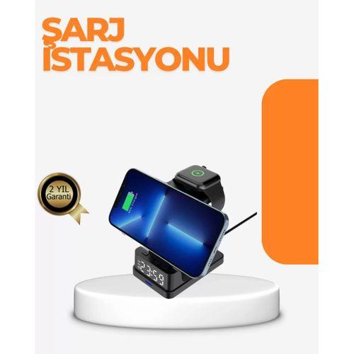 4’ü 1 Arada Kablosuz Şarj İstasyonu – Led Saat Ekranlı, Apple Uyumlu, Akıllı Güvenlik Koruması