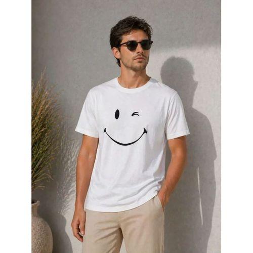 Erkek Minimal Gülümseyen Yüz Baskılı Tişört Kısa Kol Yazlık T-Shirt - Beyaz