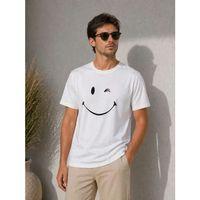 Erkek Minimal Gülümseyen Yüz Baskılı Tişört Kısa Kol Yazlık T-Shirt - Beyaz
