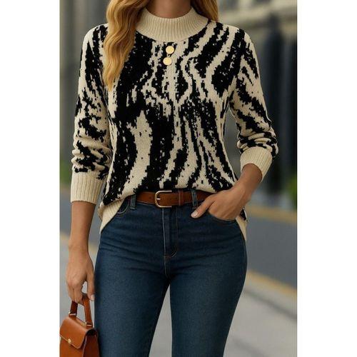 Kadın Uzun Kollu Balıkçı Yaka çok Renkli Triko Bluz