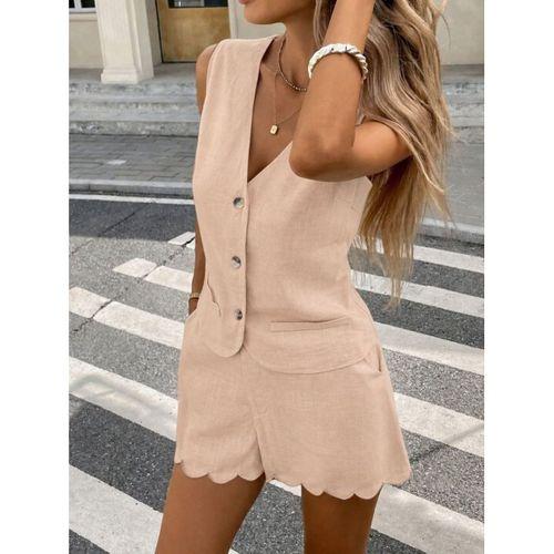Kadın Askılı V Yakalı önden Düğmelı Bluz Ve Short Ikli Takım