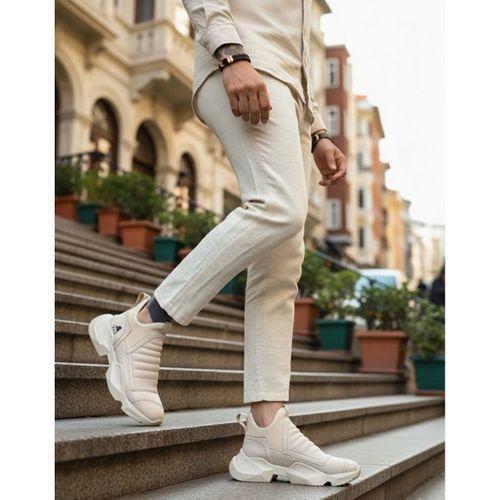 BA0401 Bağcıksız Rahat Yüksek Taban Krem Erkek Spor Yarım Bilek Bot