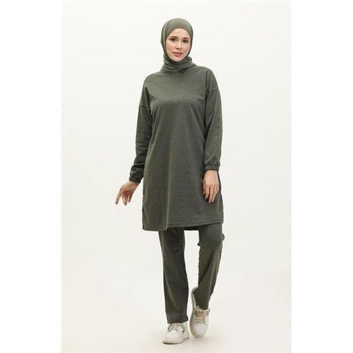 Yırtmaçlı Bisiklet Yaka Sade Basic Eşofman Spor İkili Takım - 03060.005 - Haki