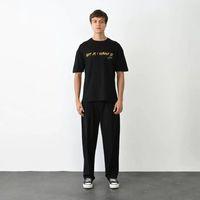 Unisex Bisiklet Yaka Baskılı Oversize T-Shirt - Siyah