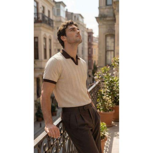 Erkek Örgü Desen Yakalı Kısa Kollu Triko Tişört - %100 Pamuk Akrilik