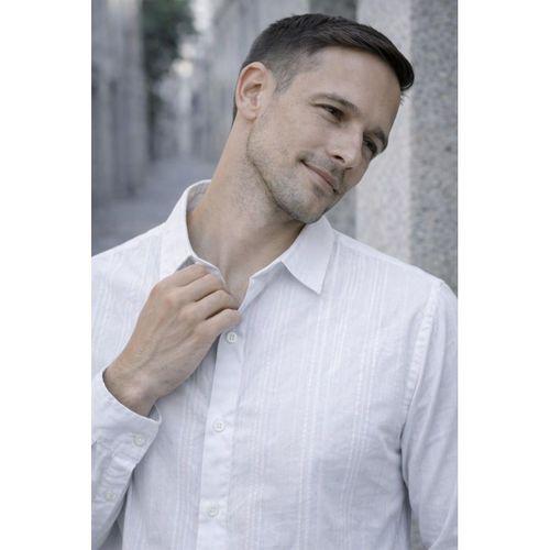 Proust Çizgili İnce Modal Kumaş Uzun Kollu Yazlık Erkek Gömlek - Ekru