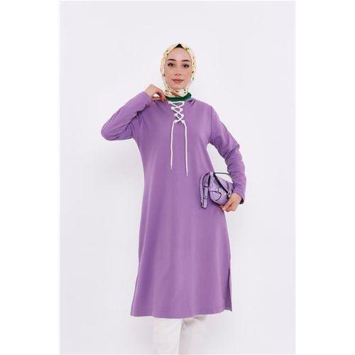 Eflin Yakadan Bağlamalı Kapşonlu Uzun Sweatshirt - 03030.018 - Leylak