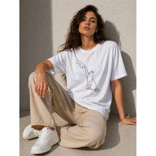 Minimal Kedi Çizim Baskılı Tişört Kısa Kol Yazlık T-Shirt - Beyaz
