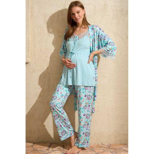 İp Askılı V Yaka Kadın Çiçek Desenli Yazlık Dantel Detaylı Hamile Pijama Takımı Sabahlık