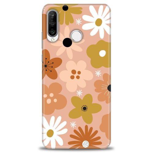 Huawei P30 Lite Kılıf HD Baskılı Kılıf - Kahveli Çiçekler + Tam Ekran Koruyucu