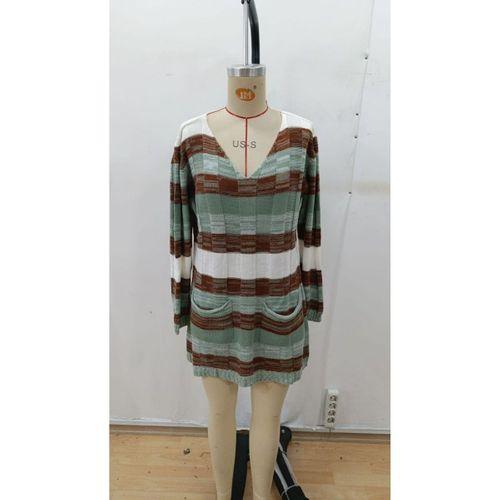 Kadın Uzun Kollu V Yakalı çizgili çok Renkli Triko Mini Elbise