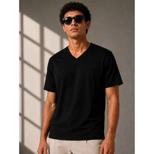 Erkek V Yaka Basic Tişört Kısa Kol Yazlık Regular Fit T-Shirt - Siyah
