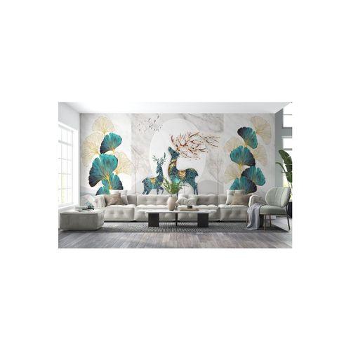 Altın Detaylı Geyik Ve Yavrusu Desenli Duvar Kağıdı-5635