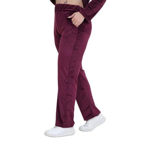 Melsay Butik Parlak Kadife Bordo Yarım Garni Taşlı Kadın Eşofman Takımı