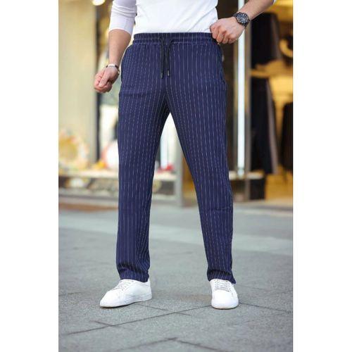 Erkek Cizgili Dokuma Krep Jogger Buggy Pantalon Rahat Kalıp - Lacivert