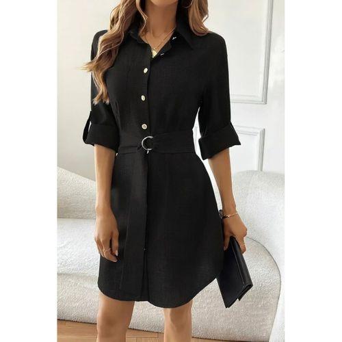 Kadın Uzun Kollu Yakalı önden Düğmeli Beli Kuşaklı Mini Ithal Keten Elbise