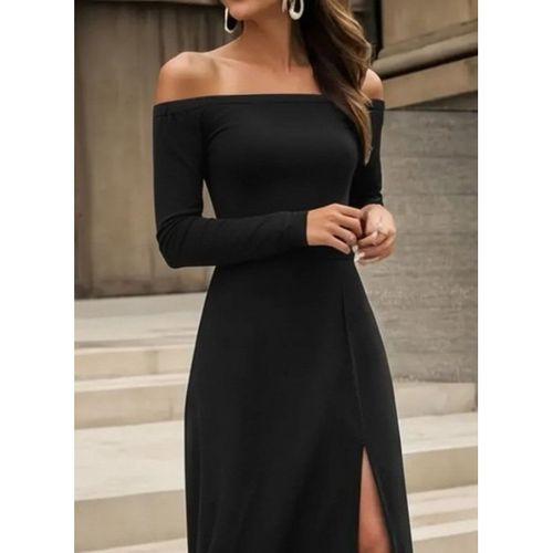 Kadın Uzun Kollu Madonna Yakalı Yırtmaç Detaylı Uzun Ithal Krep Elbise