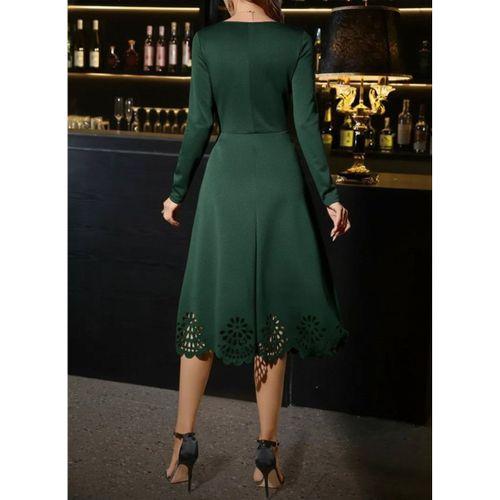 Kadın Uzun Kollu V Yakalı Lazer Kesim Detaylı Midi Ithal Krep Elbise