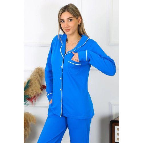 Kadın Pamuk Penye Önden Düğmeli Uzun Kol Saks Pijama Takım