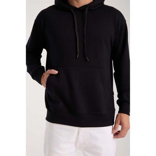 Luc Oversize Basic Dalgıç Kumaş Viskon Kapüşonlu Cepli Sweatshirt Hoodie - Siyah