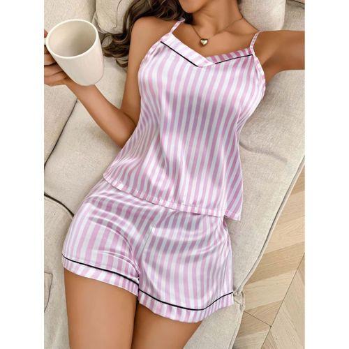 Kadın Beyaz Pembe Çizgili Saten Şort Pijama Takımı 2237