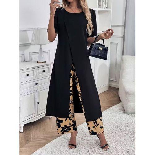 Kadın Kısa Kollu önden çapraz Detaylı Viskon Uzun Bluz Ve Desenli Iki Iplik Pantolon Ikili Takım