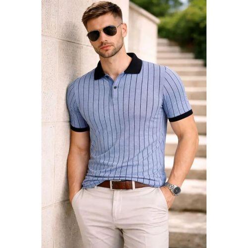 Erkek Polo Yaka Çizgili Tişört Kısa Kol Düğmeli Yazlık T-Shirt - Bebek Mavisi