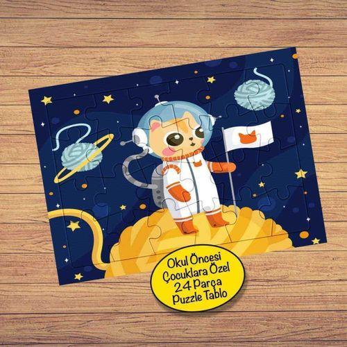 Kedi Astronot İp Gezegen 24 Parça Çocuklara Özel Yapboz Tablo-51