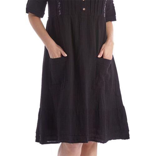 Kısa Kol Siyah Kare Yaka Cep Detaylı Midi Boy Müslin Yazlık Elbise