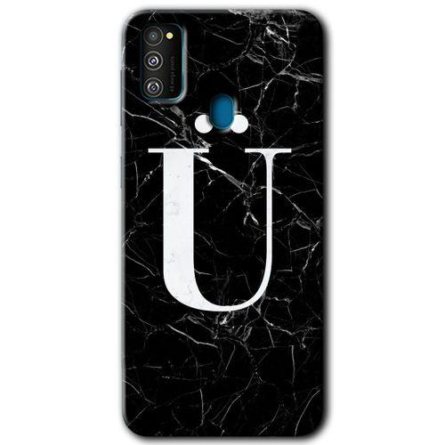 MRCİLETİSİM Samsung Galaxy M30s Kılıf Baskılı Kapak - Siyah Mermer Desenli Ü Harfi +Tam Kaplayan Mat Seramik
