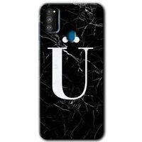 MRCİLETİSİM Samsung Galaxy M30s Kılıf Baskılı Kapak - Siyah Mermer Desenli Ü Harfi +Tam Kaplayan Mat Seramik