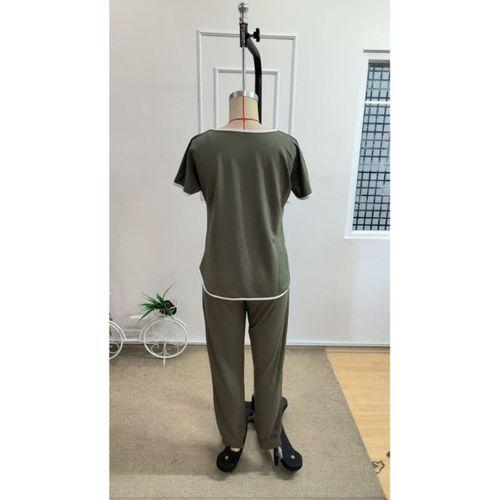 Kadın Kısa Kollu Yuvarlak Yakalı şerit Detaylı Viskon Iki Iplik Bluz Ve Pantolon Ikili Takım