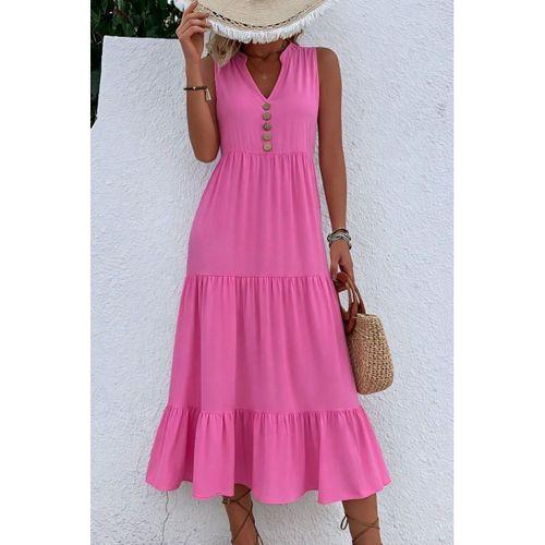 Kadın Askılı V Yakalı önden Düğmeli Midi Viskon Elbise