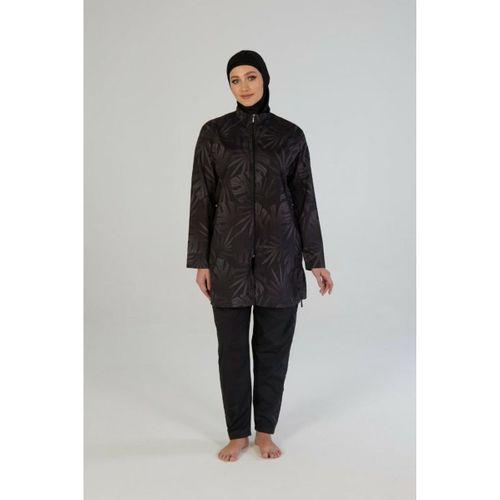Estiva 26964 Siyah Tropical Tam Kapalı Taş Baskılı Pantolonlu Fermuarlı Tesettür Mayo
