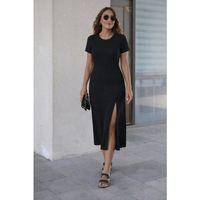 Kadın Kısa Kollu Bisiklet Yaka Yandan Yırtmaçlı Midi Viskon Elbise