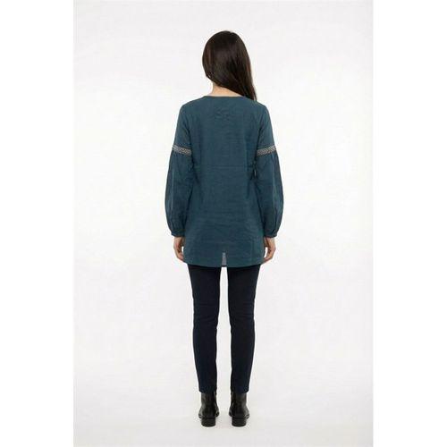 Uzun Kol Dicle Bağcıklı V Yaka Yazlık Şile Bezi Tunik Petrol Ptrl