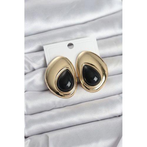 Pirinç Gold Renk Siyah Taşlı Damla Model Vintage Kadın Küpe