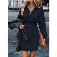 Kadın Uzun Kollu Yakası Fermuarlı Mini Triko Elbise