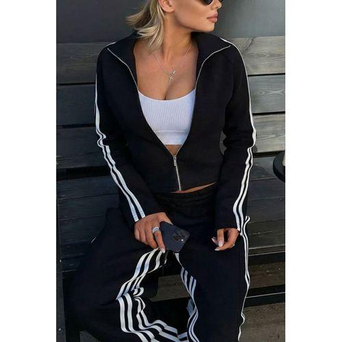 Kadın Uzun Kollu önden Fermuarlı Kısa Viskon Iki Iplik Bluz Ve Pantolon Ikili Takım