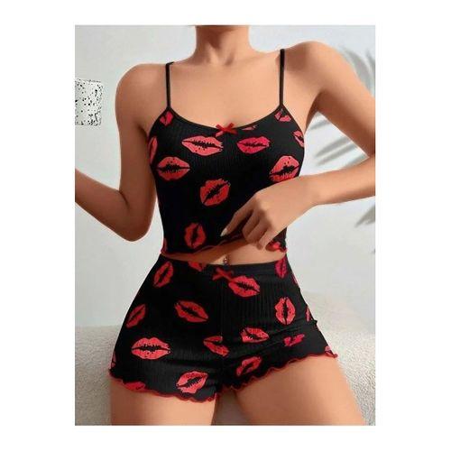 Kadın Siyah Dudak Desenli Şortlu Pijama Takımı Rahat Şık 2’li Set