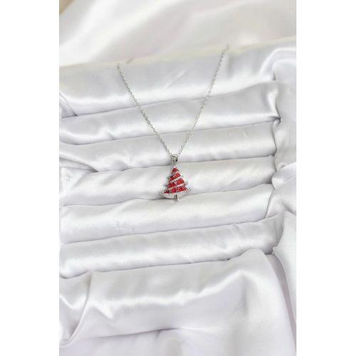 316L Çelik Zincir Gümüş Renk Kırmızı Çam Ağacı Model Yılbaşı Temalı Kadın Kolye