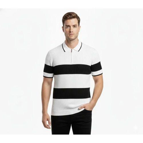 Erkek T-shirt Çizgili Triko Dokuma Kumaş Polo Yaka Yarım Fermuarlı Regular Kalıp Tişört - Beyaz