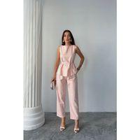 KETEN BLUZ - PANTOLON TAKIM MASSİMO MODELSCREAT KUMAŞ - Pudra