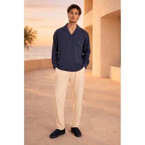 Sartre Apaş Yaka Tek Cepli İnce Modal Kumaş Oversize Yazlık Gömlek - Lacivert