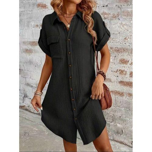 Kadın Kısa Kollu Yakalı önden Düğmeli Bürümcük Kısa Elbise