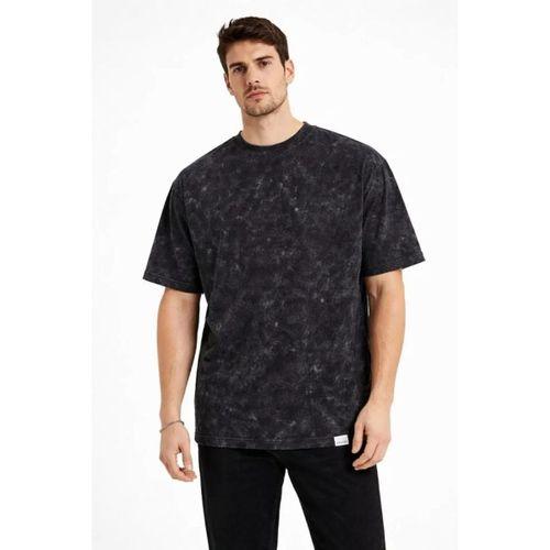 Erkek Asit Yıkama Bisiklet Yaka Kısa Kollu Oversize T-Shirt Tişört - Siyah