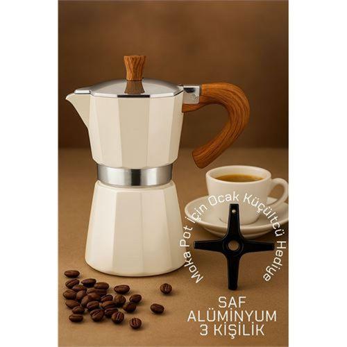 Modacar Italyan Moka Pot - 6061 Saf Alüminyum  Ahşap Saplı - 3 kişilik KREM